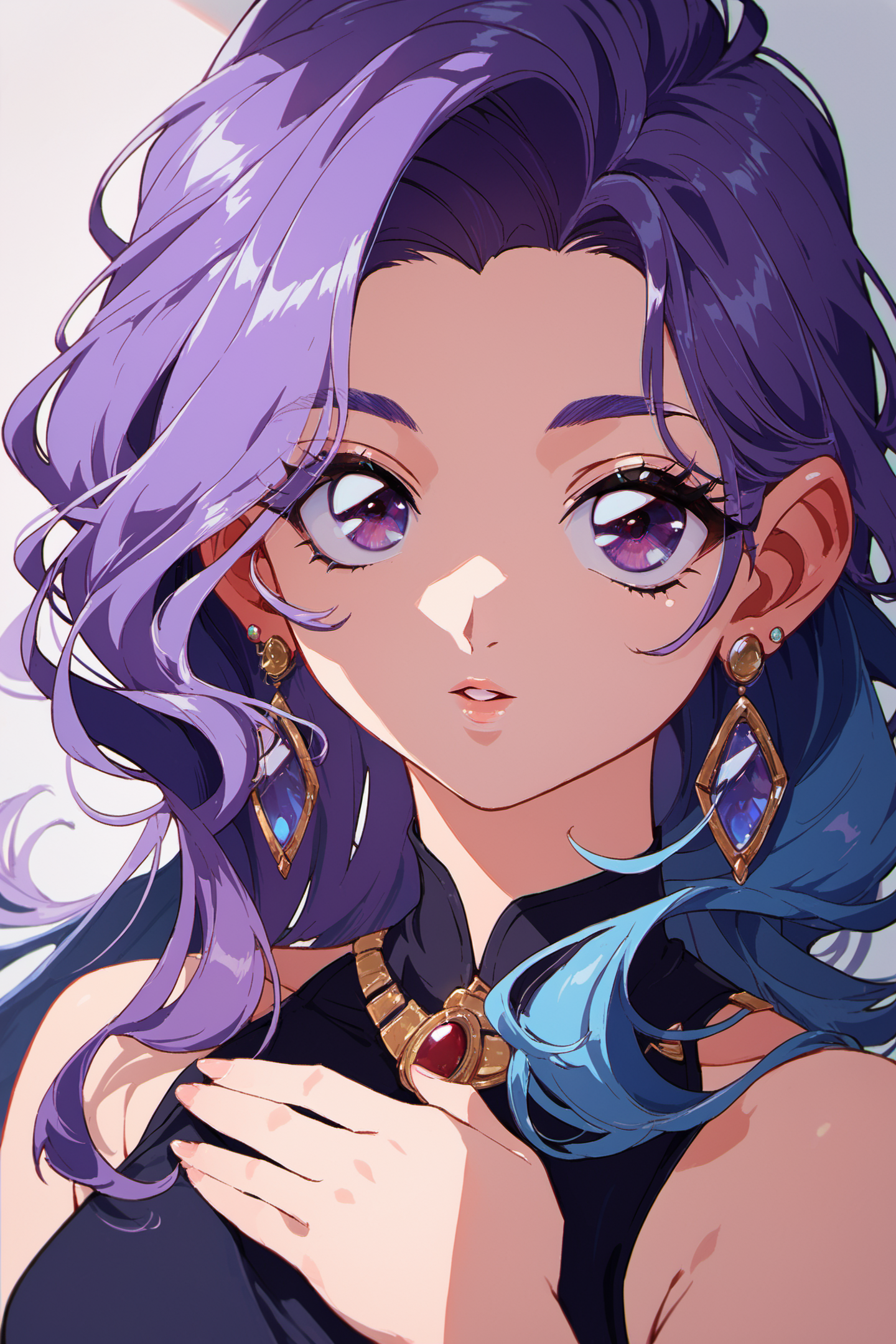 27475-424363545-1girl,solo,earrings,jewelry,long hair,looking at viewer,parted lips,purple eyes,purple hair,piercing,upper body,eyelashes,hand o.png